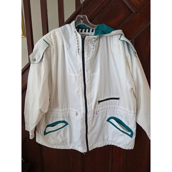 Mulberry Street Womens 2X White Hooded Jacket With Teal Accents & Zip Pockets - Picture 10 of 12